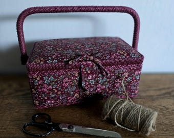 Vintage Purple Floral Fabric Sewing / Craft Footed Basket Storage Box with Swivel Handle