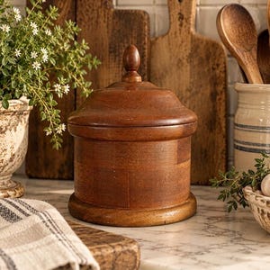Vintage Apothecary Round Solid Turned Wood Kitchen Storage Canister Jar with Lid