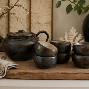 Studio Art Pottery Handmade Artist Signed Glazed Tea Pot Kettle & 6 Saki Size Cups