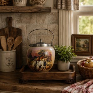 Tarro de porcelana con tapa para galletas inglesas vintage, pintado a mano, con escena de granja de vacas y caballos.