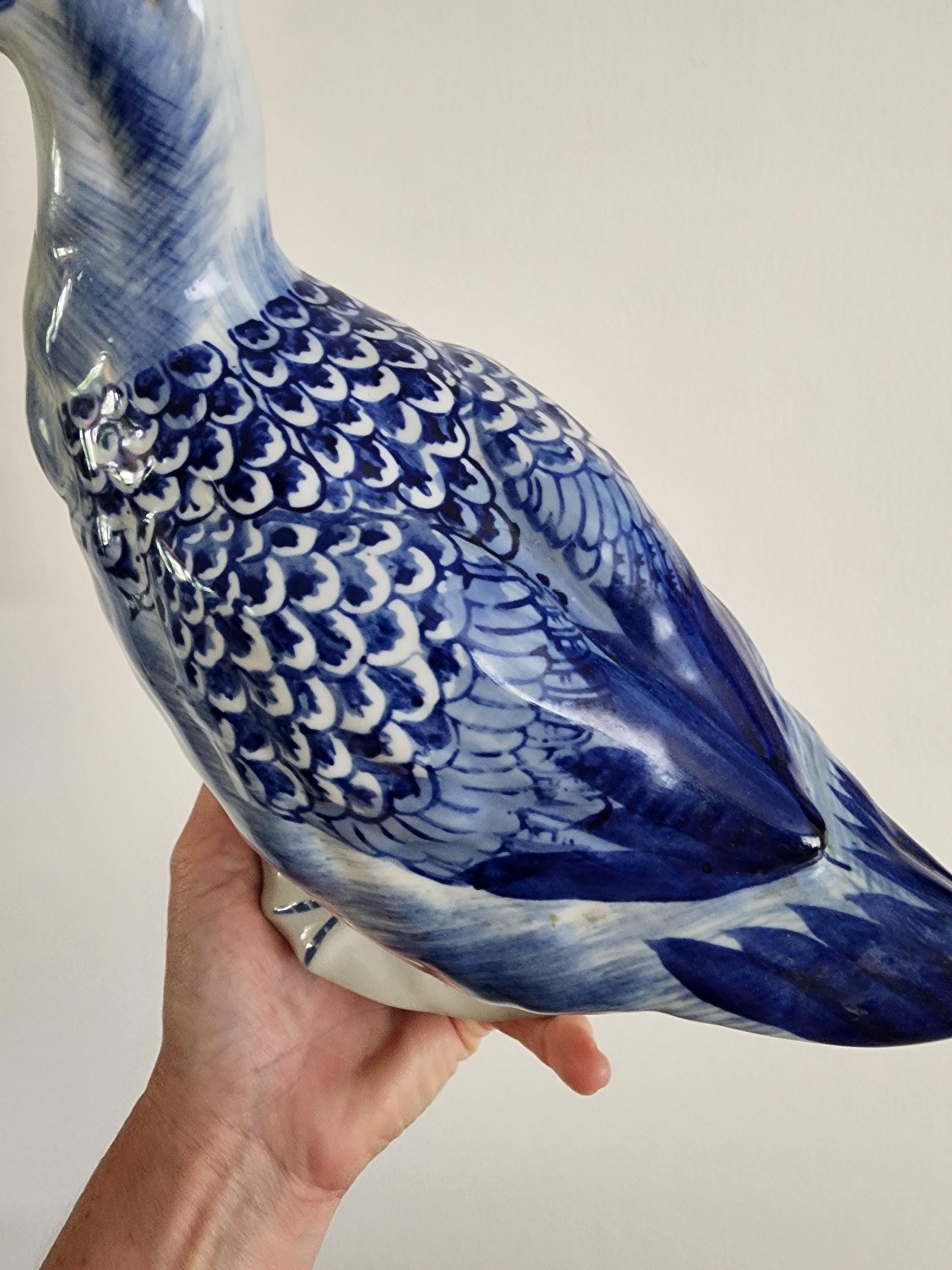 ヴィンテージの大型陶器製アヒル鳥コバルトブルー＆ホワイト手描き