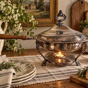May include: A silver-plated chafing dish with a polished finish, featuring a round lidded vessel, a long wooden handle, and a decorative stand with three curved legs. A small lit tea light candle sits on the base to provide gentle heat.