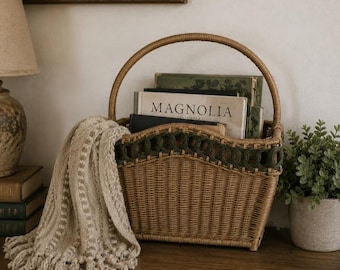 Vintage Boho Woven Wicker Magazine / Book / Blanket Storage Holder Basket