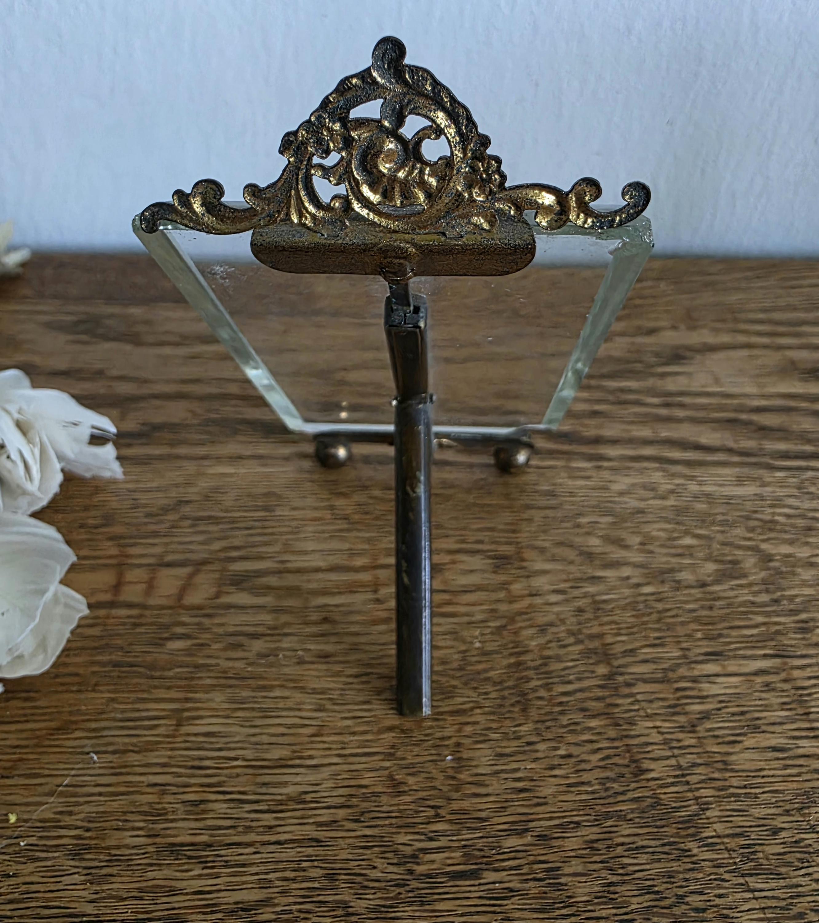Antique French Beveled Glass & Brass Holder Stand Footed Picture