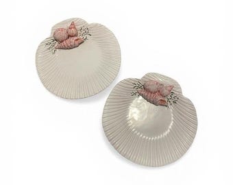 Vintage Portugal Keramik Muschel Teller 2er Set Weiß Rosa 3D Muschel Küsten