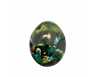 Vintage Hand Blown Art Glass Egg Paperweight Controlled Bubbles Multi Color