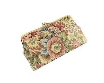 Vintage Floral Tapestry Checkbook Cover Kiss Lock Coin Purse Wallet Gold Tone