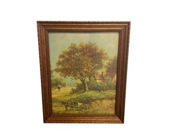 Vintage ingelijste pastorale landschapskunst print paardenkar huisje rustieke houten lijst