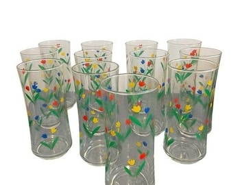 Vintage Libbey Tulip Trinkgläser Set mit 12 Primärfarben Floral MCM Retro