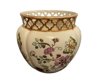 Zsolnay Hungary Hand Painted Butterfly Floral Reticulated Gold Gilt Cachepot