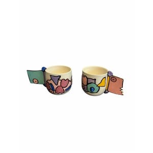 Lynn Sherban Studio Pottery Post-Modern Abstract Geometric Wing Handle Mugs Set