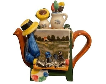 Vtg Tony Carter Black Cat Teapots Regular Size & Mini Sleeping on