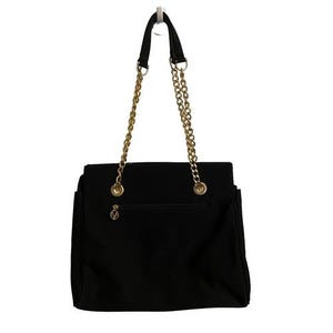 Valentino Christy Paris Black Canvas Tote Bag Gold Chain Strap Embroidered Logo image 5