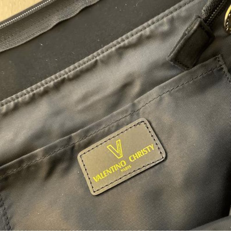 Valentino Christy Paris Black Canvas Tote Bag Gold Chain Strap Embroidered Logo image 8