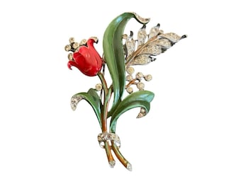 Vintage Trifari Alfred Philippe Flower Brooch Fur Pin Tulip Enamel Rhinestone