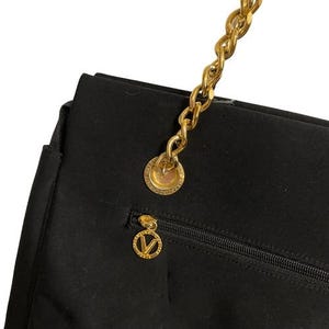 Valentino Christy Paris Black Canvas Tote Bag Gold Chain Strap Embroidered Logo image 6