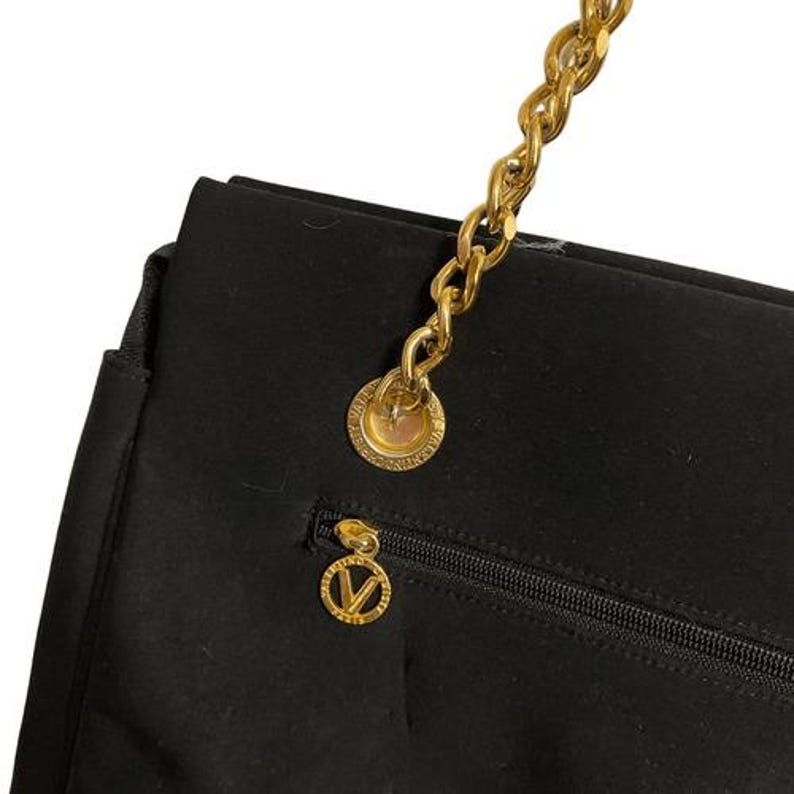 Valentino Christy Paris Black Canvas Tote Bag Gold Chain Strap Embroidered Logo image 6