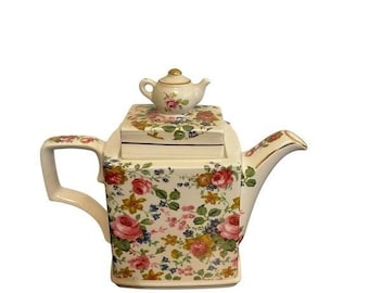 Sadler England Square Floral Chintz Teapot with Miniature Teapot Lid Finial