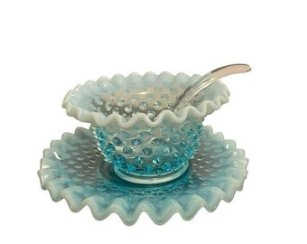 Fenton Turquoise Blue Opalescent Hobnail Mayonnaise-Schüssel Unterteller Schöpfkelle Set
