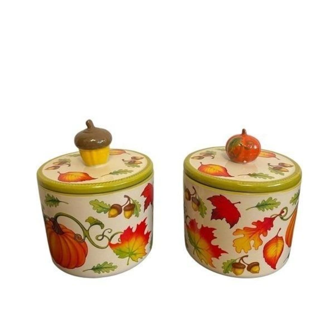 Temptations Fall Cookware Temp-tations Set of 2 Fall Harvest Ceramic Canisters Pumpkin and Acorn ...
