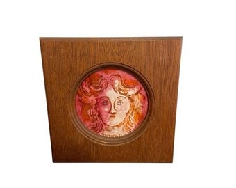 Vintage Emaille auf Kupfer Miniatur Portrait Holz Rahmen Mid Century Modern Art