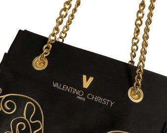Valentino Christy Paris Black Canvas Tote Bag Gold Chain Strap