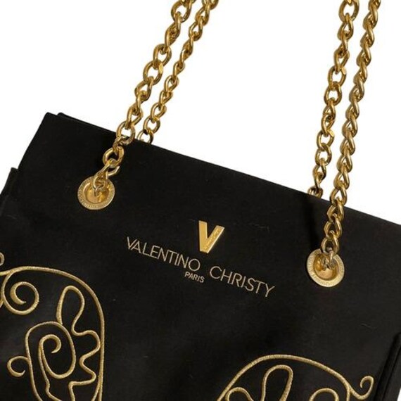 Valentino Christy Paris Black Canvas Tote Bag Gold Chain Strap