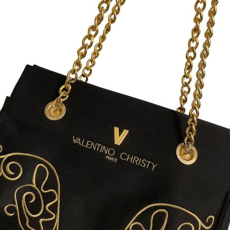 Valentino Christy Paris Black Canvas Tote Bag Gold Chain Strap Embroidered Logo image 2