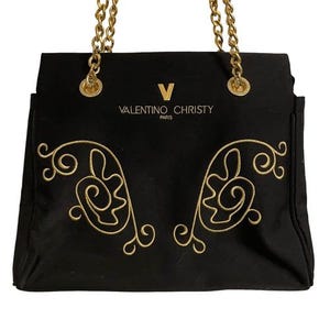 Valentino Christy Paris Black Canvas Tote Bag Gold Chain Strap Embroidered Logo image 3