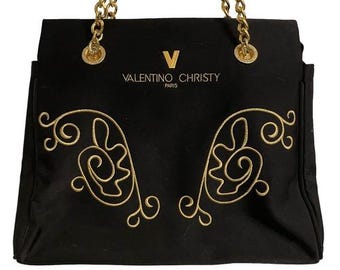 Valentino Christy Paris Black Canvas Tote Bag Gold Chain Strap