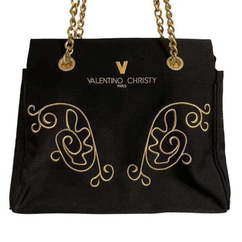 Valentino Christy Paris Black Canvas Tote Bag Gold Chain Strap Embroidered Logo image 3