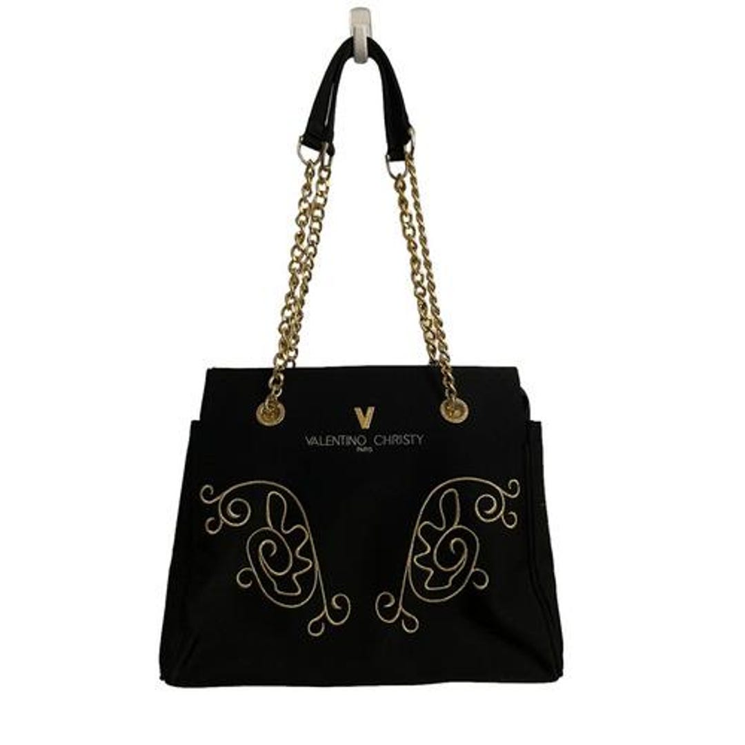 Valentino Christy Paris Black Canvas Tote Bag Gold Chain Strap
