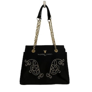 Valentino Christy Paris Black Canvas Tote Bag Gold Chain Strap Embroidered Logo image 1
