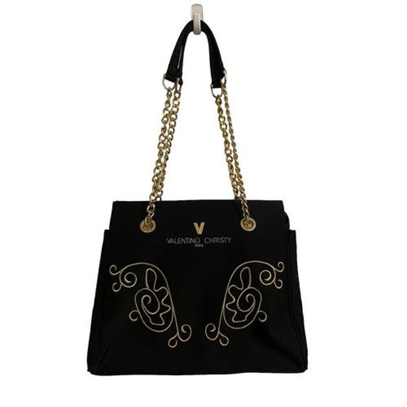 Valentino Christy Paris Black Canvas Tote Bag Gold Chain Strap Embroidered Logo image 1