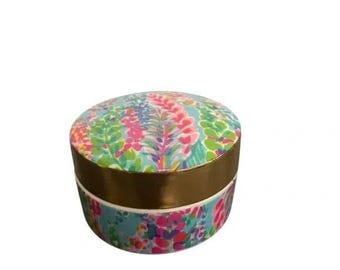 Lilly Pulitzer Keramik Trinket Box Floral Runde Schmuck Glas Gold Band Akzent