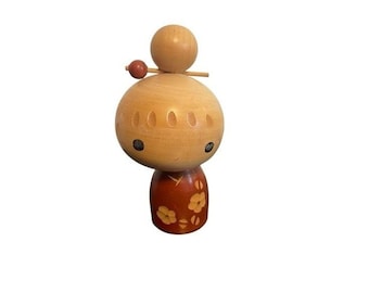 Vintage Japanese Sosaku Kokeshi Doll Handcrafted Wood Floral Girl Artist Signed