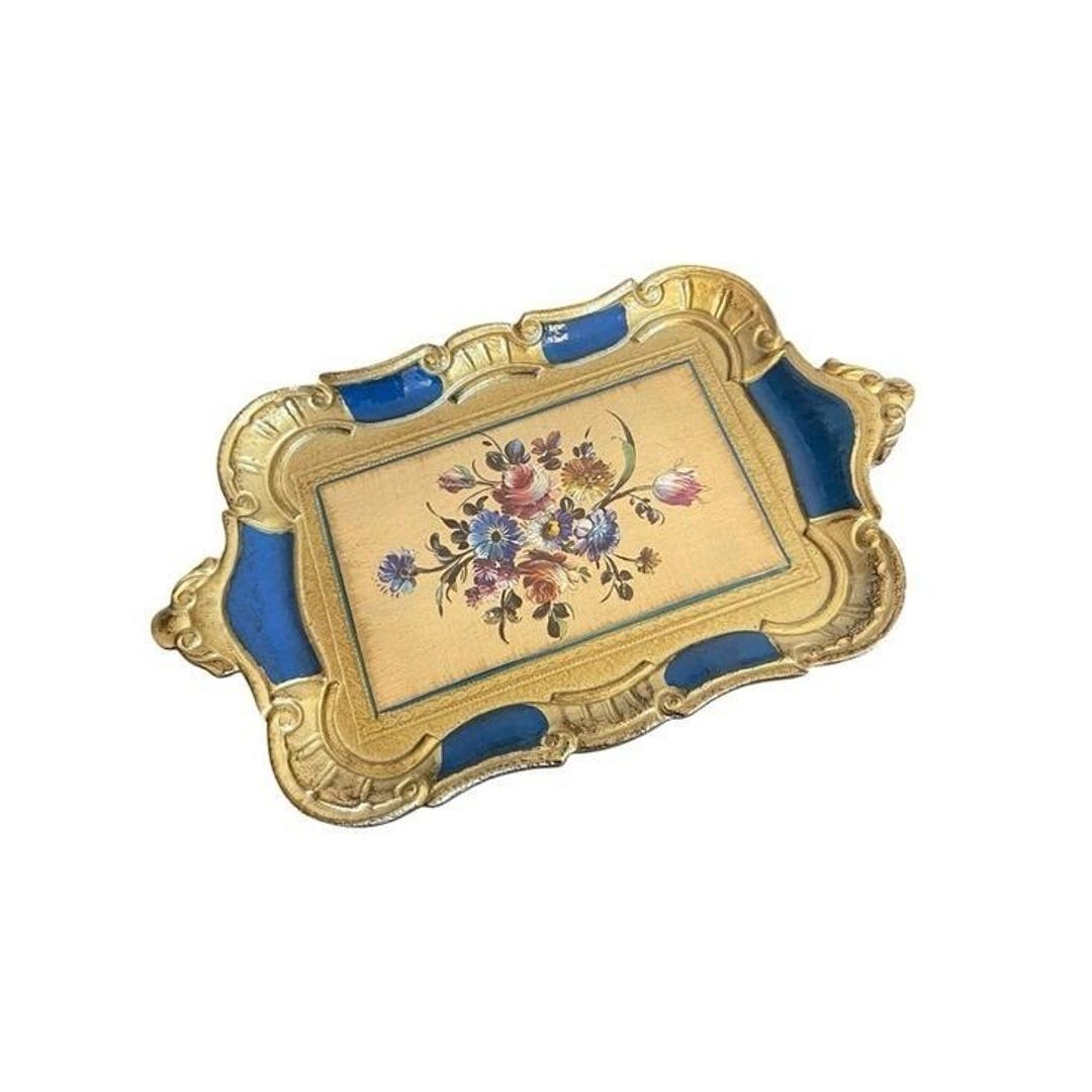 Vintage Florentine Italian Wood Tray Gold Gilt Blue Floral Hand Painted ...