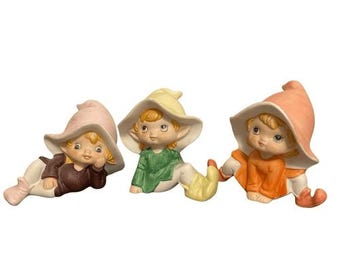 Vintage Homco Ceramic Pixie Elf Gnomes Set of 3 Figurines Brown Green Orange