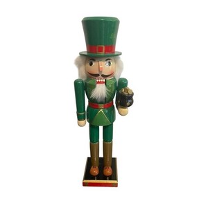 May include: A wooden nutcracker figure dressed in a green uniform with a tall green top hat, red belt, and brown boots. The figure has a white beard, mustache, and holds a small black pot filled with gold-colored coins in its left hand.