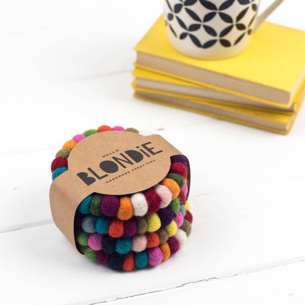 Rainbow Coasters // Felt Ball Coasters // Felt Coasters // Set of 4 coasters // Multicolour coasters // Housewarming Gift // New Home Gift