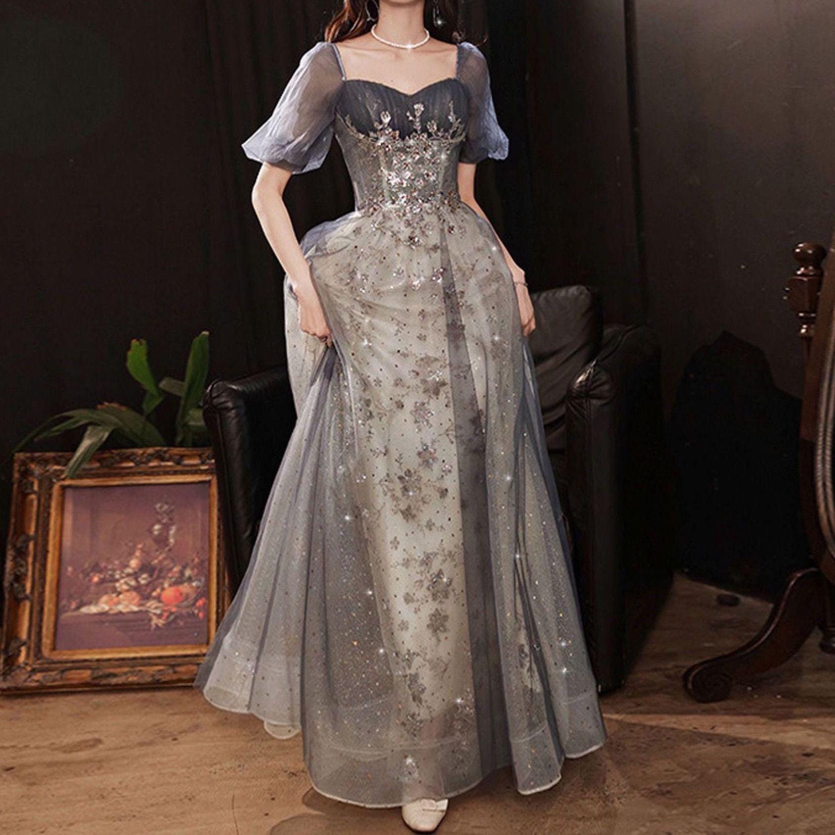 Blue Grey Sequins Tulle Prom Dress,Bridesmaids Dress,Birthday Graduation Cocktail Party Dress,Fairy Ball Dress,Elegant Dress,Long Ball Gowns