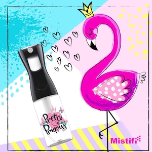 May include: A black and clear plastic spray bottle with a pink heart and the text "Pretty Princess" on the label. The bottle is in front of a pink flamingo with a crown on its head and white polka dots on its body. The background is a colorful abstract design with hearts.