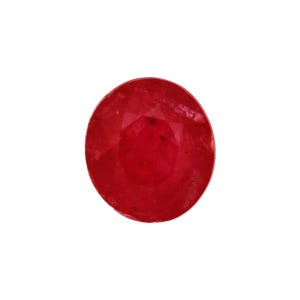 May include: A round, faceted ruby gemstone. The gem is a deep, vibrant red colour and appears to be polished. The gemstone is isolated on a white background, highlighting its shape and colour. Suitable for jewellery and gemstone listings.