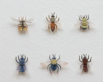 Bee cluster - Pollinator - bee art - bee specimen - miniature - miniature art - watercolour - paper cut - paper art