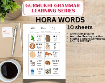 May include: A learning series sheet with the title "Gurmukhi Grammar Learning Series" and the words "Hora Words" in large black letters. The sheet includes words with pictures, tracing and writing worksheets, and a bonus activity.