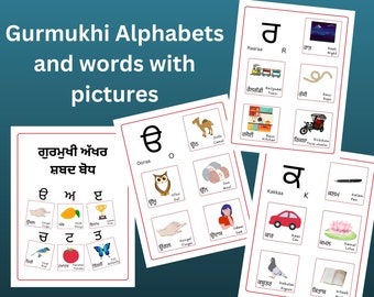 Puede incluir: Tarjetas educativas con alfabetos Gurmukhi y palabras con imágenes. Las tarjetas muestran letras con imágenes correspondientes, como un camello, un búho y un coche. El texto "Gurmukhi Alphabets and words with pictures" está en la parte superior.