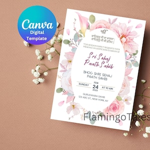 Sri Sehaj Paath Invitation, pretty pink flowers Canva DIY Template, Sikh Invitations, Digital Sikh Invites, Editable, Gurdwara event