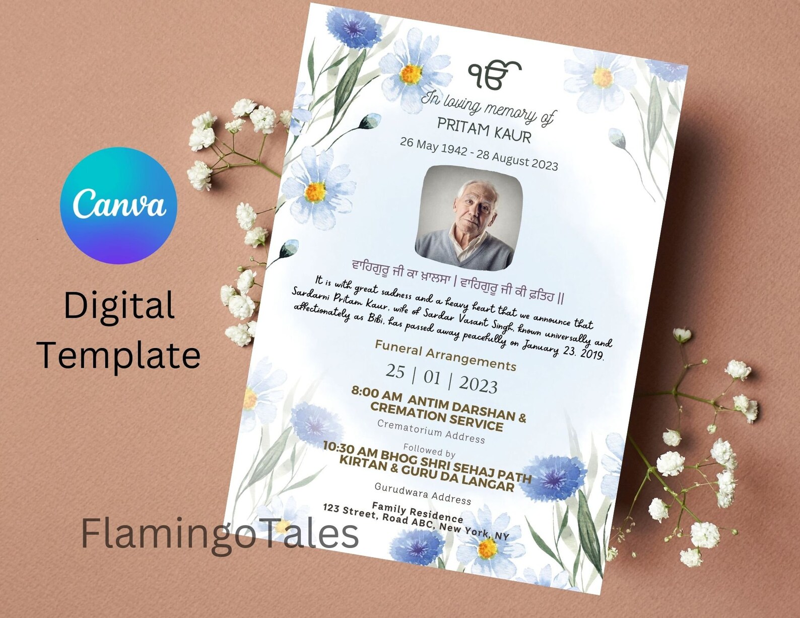Sikh Funeral Invite,punjabi,invitation,blue Flower,canva Template