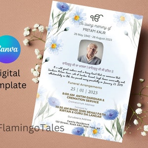 Faire-part pour funérailles sikh, pendjabi, faire-part, fleur bleue, modèle de toile, faire-part de décès pour service commémoratif Gurdwara, numérique, e-mail Whatsapp