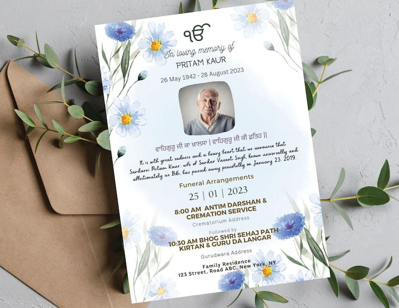 Sikh Funeral Invite,punjabi,invitation,blue Flower,canva Template